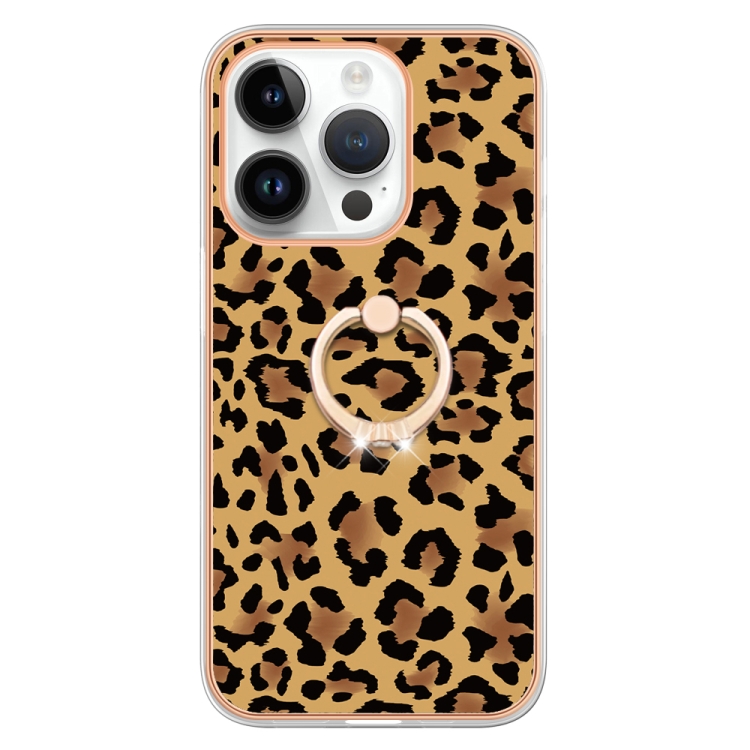 For iPhone 16 Pro Electroplating Dual-side IMD Phone Case with Ring Holder(Leopard Print) For iPhone 16 Pro Electroplating Dual-side IMD Phone Case with Ring Holder(Leopard Print)