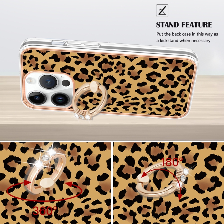 For iPhone 16 Pro Electroplating Dual-side IMD Phone Case with Ring Holder(Leopard Print) For iPhone 16 Pro Electroplating Dual-side IMD Phone Case with Ring Holder(Leopard Print)
