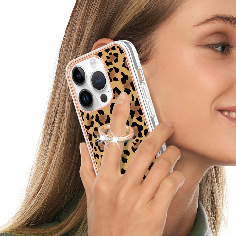 For iPhone 16 Pro Electroplating Dual-side IMD Phone Case with Ring Holder(Leopard Print) For iPhone 16 Pro Electroplating Dual-side IMD Phone Case with Ring Holder(Leopard Print)