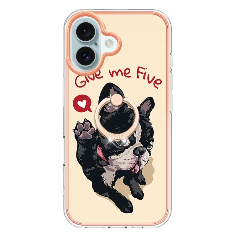 For iPhone 16 Plus Electroplating Dual-side IMD Phone Case with Ring Holder(Lucky Dog) For iPhone 16 Plus Electroplating Dual-side IMD Phone Case with Ring Holder(Lucky Dog)