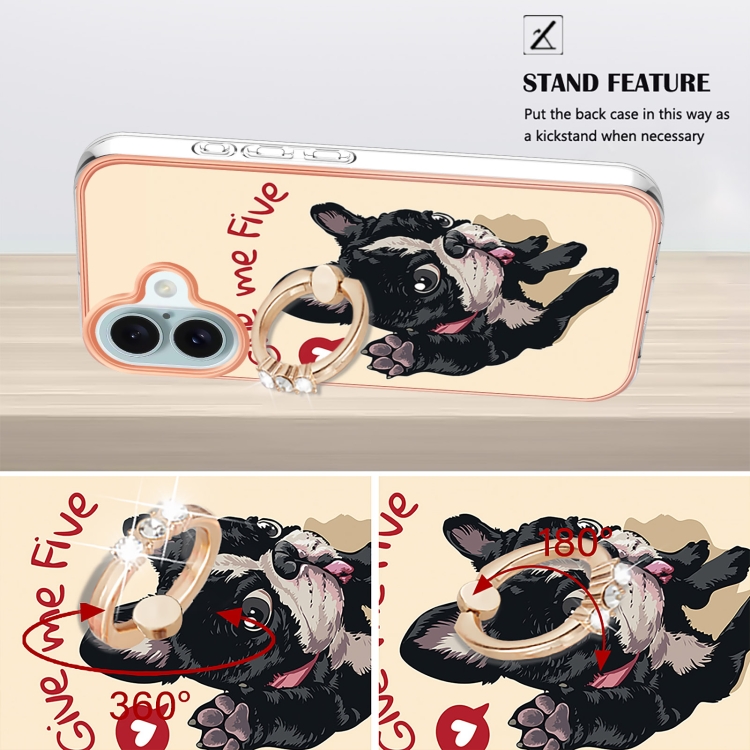 For iPhone 16 Plus Electroplating Dual-side IMD Phone Case with Ring Holder(Lucky Dog) For iPhone 16 Plus Electroplating Dual-side IMD Phone Case with Ring Holder(Lucky Dog)