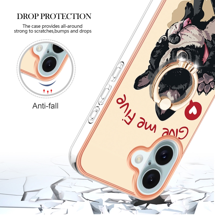 For iPhone 16 Plus Electroplating Dual-side IMD Phone Case with Ring Holder(Lucky Dog) For iPhone 16 Plus Electroplating Dual-side IMD Phone Case with Ring Holder(Lucky Dog)