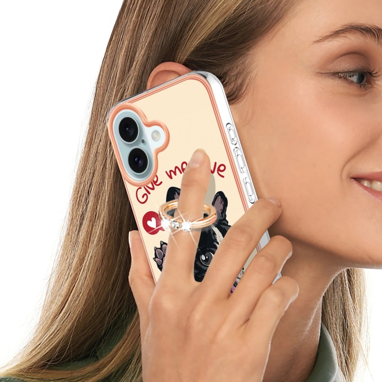 For iPhone 16 Plus Electroplating Dual-side IMD Phone Case with Ring Holder(Lucky Dog) For iPhone 16 Plus Electroplating Dual-side IMD Phone Case with Ring Holder(Lucky Dog)