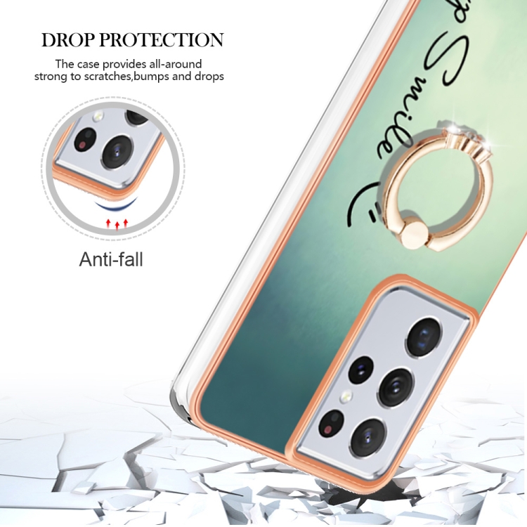 For Samsung Galaxy S21 Ultra 5G Electroplating Dual-side IMD Phone Case with Ring Holder(Smile) For Samsung Galaxy S21 Ultra 5G Electroplating Dual-side IMD Phone Case with Ring Holder(Smile)