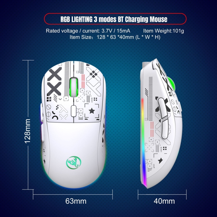 Ratón inalámbrico para juegos HXSJ T90 RGB Light de tres modos (blanco) - B1