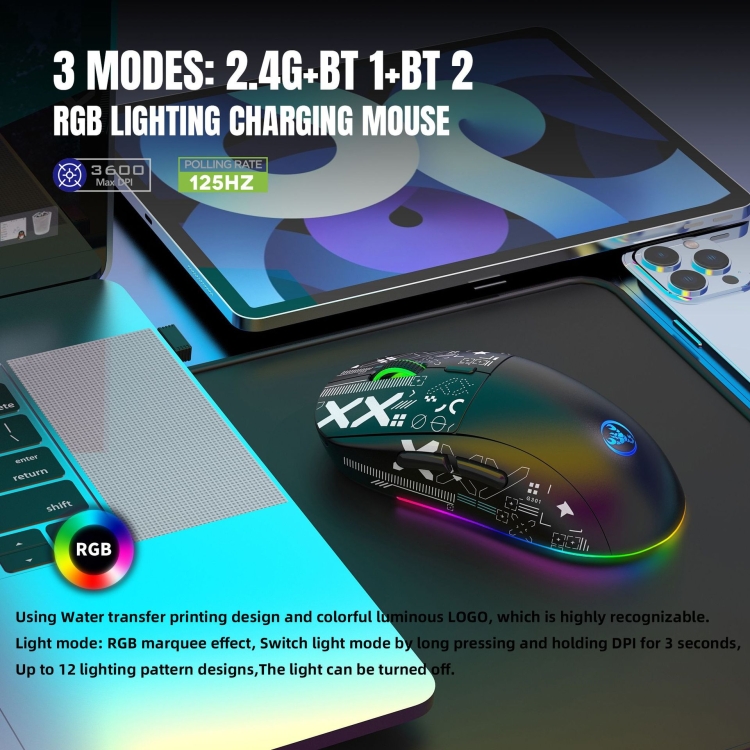 Ratón inalámbrico para juegos HXSJ T90 RGB Light de tres modos (blanco) - B2