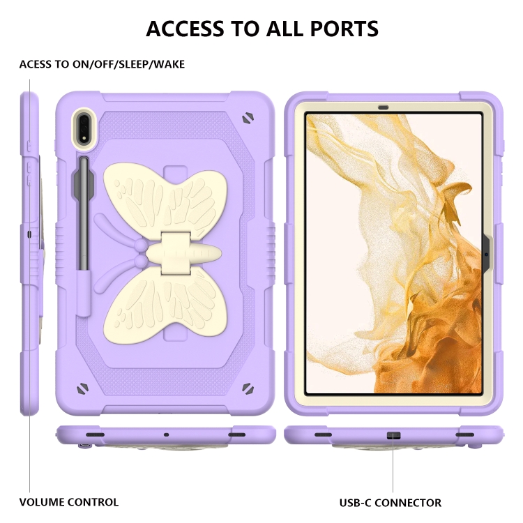 Para Samsung Galaxy Tab S9+ Butterfly Kickstand Heavy Duty Hard Rugged Tablet Case (Beige+Raro Purple) - 1