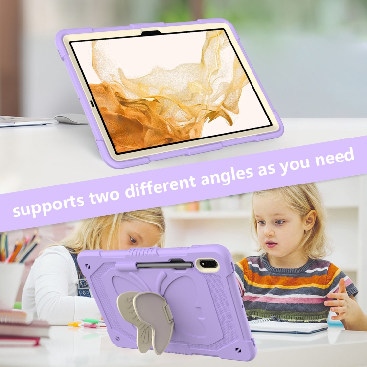 Para Samsung Galaxy Tab S9+ Butterfly Kickstand Heavy Duty Hard Rugged Tablet Case (Beige+Raro Purple) - 5