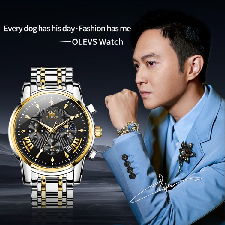 OLEVS 2892 Men Multifunctional Business Waterproof Quartz Watch(Black + Gold) - 1