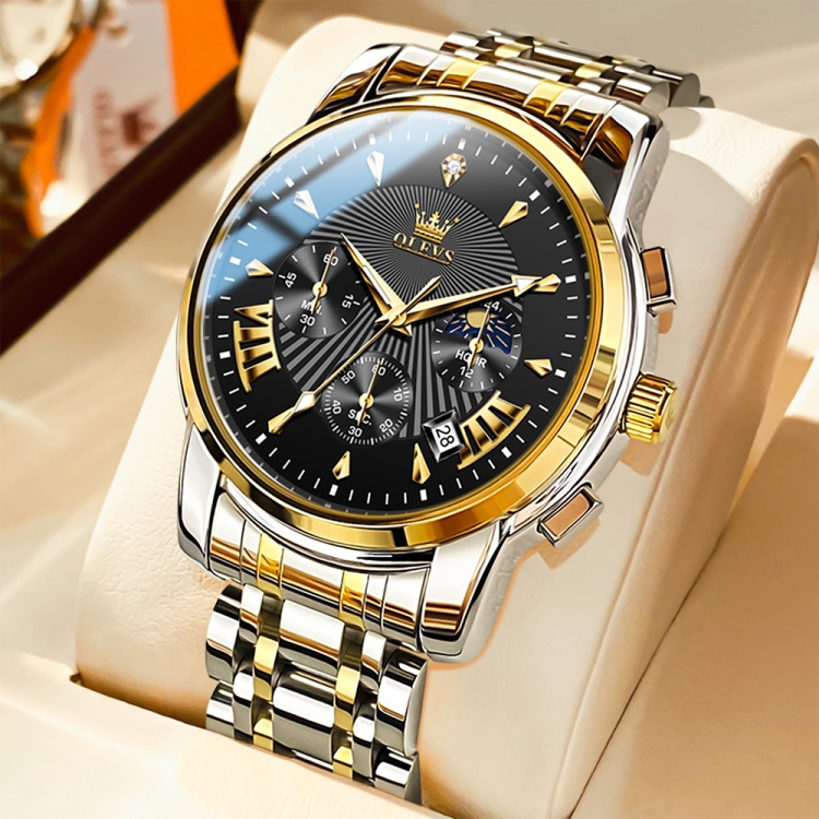 OLEVS 2892 Men Multifunctional Business Waterproof Quartz Watch(Black + Gold) - 10