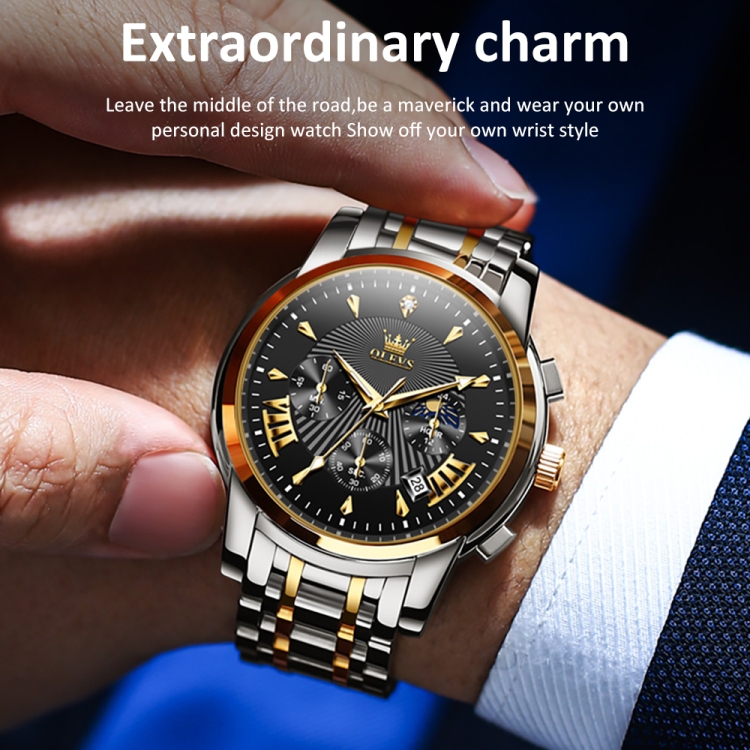OLEVS 2892 Men Multifunctional Business Waterproof Quartz Watch(Black + Gold) - 2