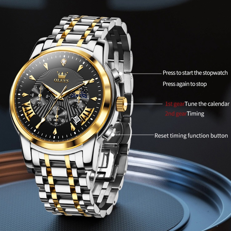 OLEVS 2892 Men Multifunctional Business Waterproof Quartz Watch(Black + Gold) - 3