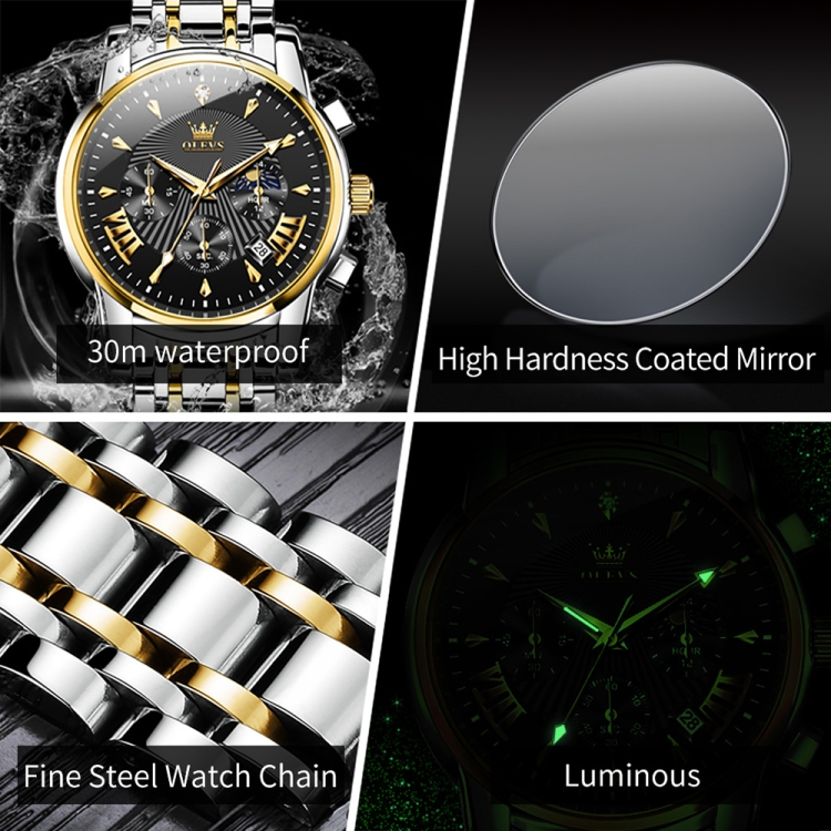 OLEVS 2892 Men Multifunctional Business Waterproof Quartz Watch(Black + Gold) - 5