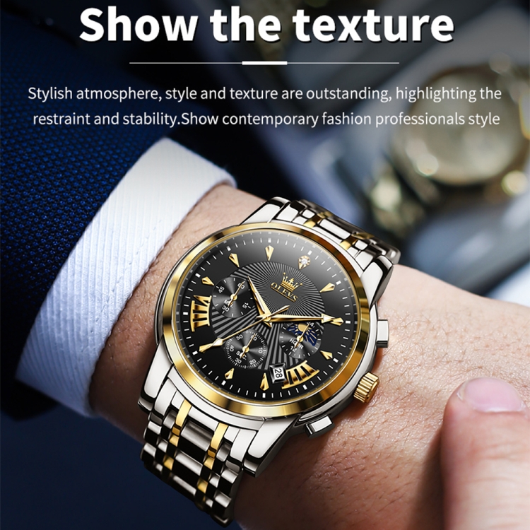 OLEVS 2892 Men Multifunctional Business Waterproof Quartz Watch(Black + Gold) - 6