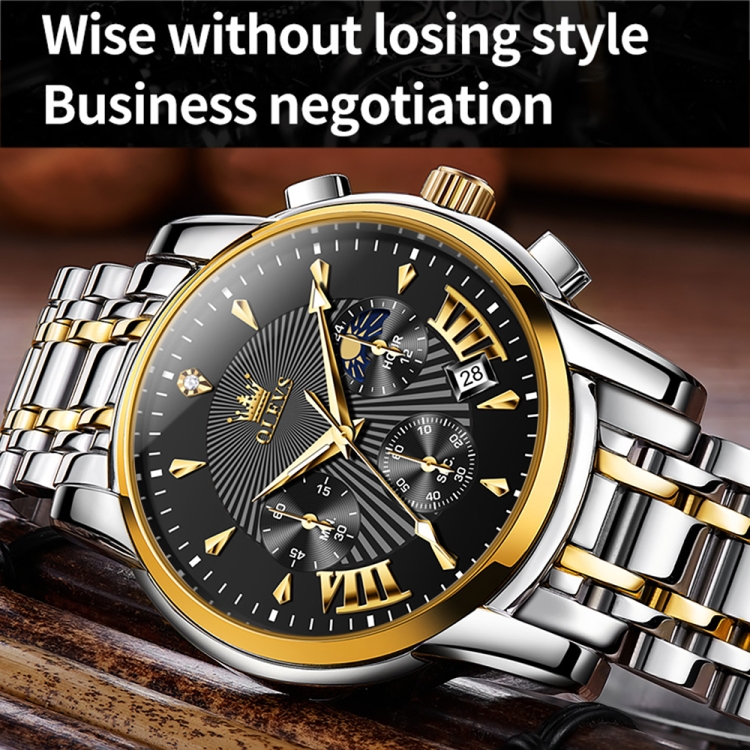 OLEVS 2892 Men Multifunctional Business Waterproof Quartz Watch(Black + Gold) - 7