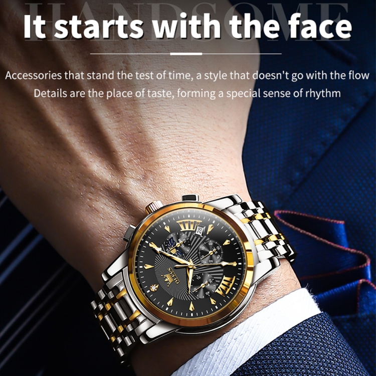 OLEVS 2892 Men Multifunctional Business Waterproof Quartz Watch(Black + Gold) - 8
