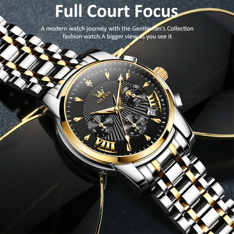 OLEVS 2892 Men Multifunctional Business Waterproof Quartz Watch(Black + Gold) - 9