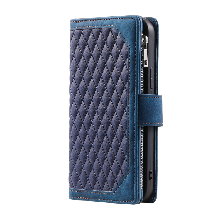 For iPhone 16 Grid Texture Zipper Leather Phone Case with Lanyard(Blue) For iPhone 16 Grid Texture Zipper Leather Phone Case with Lanyard(Blue)