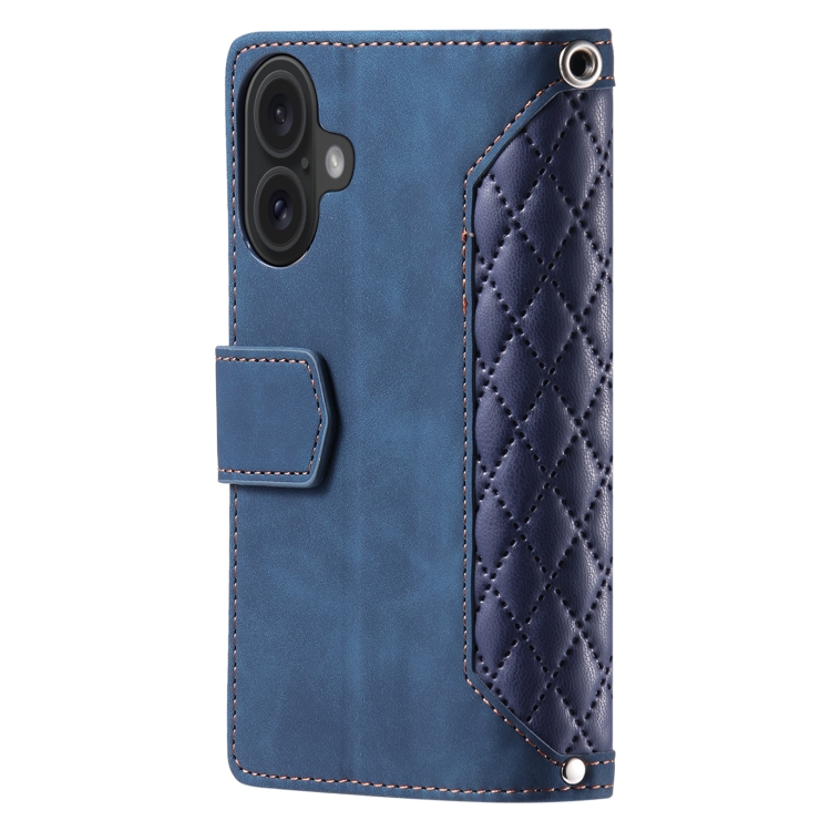 For iPhone 16 Grid Texture Zipper Leather Phone Case with Lanyard(Blue) For iPhone 16 Grid Texture Zipper Leather Phone Case with Lanyard(Blue)