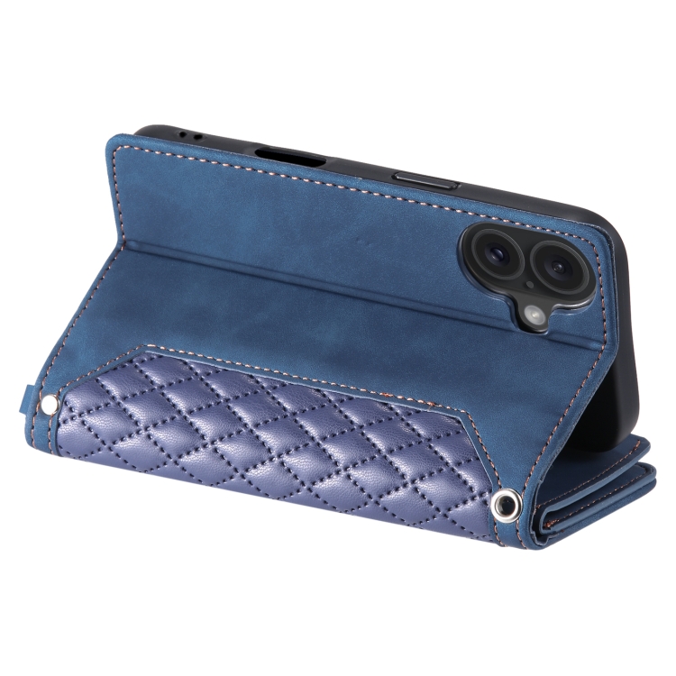 For iPhone 16 Grid Texture Zipper Leather Phone Case with Lanyard(Blue) For iPhone 16 Grid Texture Zipper Leather Phone Case with Lanyard(Blue)