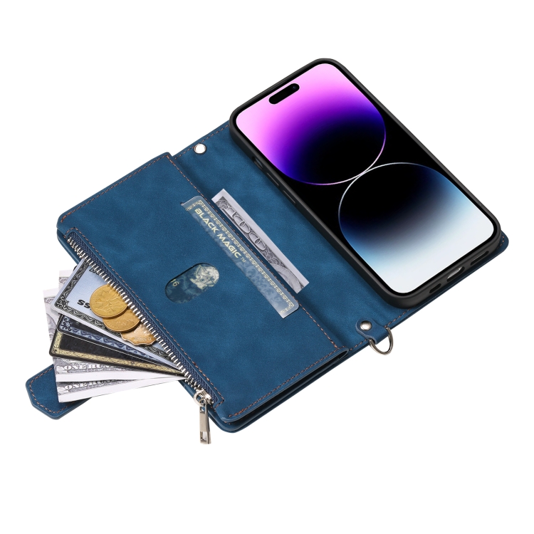 For iPhone 16 Grid Texture Zipper Leather Phone Case with Lanyard(Blue) For iPhone 16 Grid Texture Zipper Leather Phone Case with Lanyard(Blue)