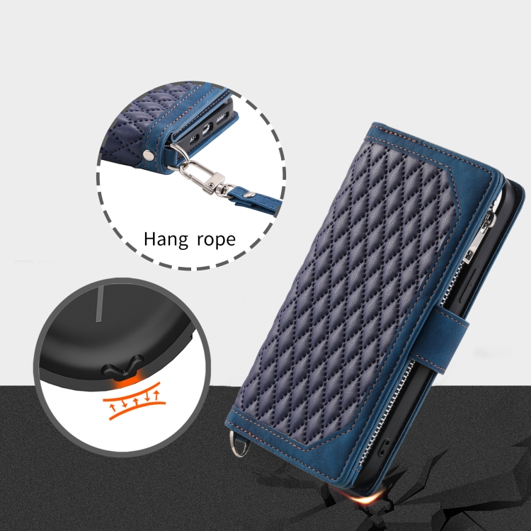 For iPhone 16 Grid Texture Zipper Leather Phone Case with Lanyard(Blue) For iPhone 16 Grid Texture Zipper Leather Phone Case with Lanyard(Blue)