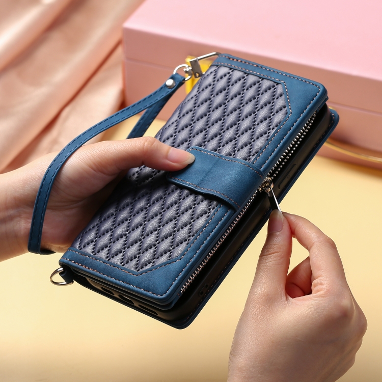 For iPhone 16 Grid Texture Zipper Leather Phone Case with Lanyard(Blue) For iPhone 16 Grid Texture Zipper Leather Phone Case with Lanyard(Blue)