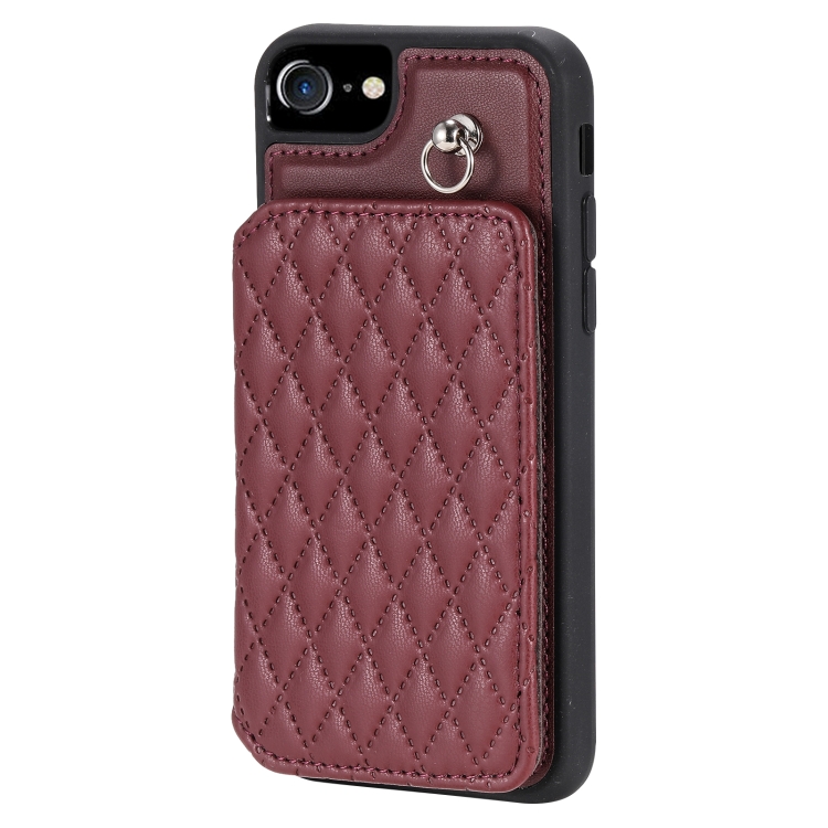 For iPhone SE 2022 / 2020 / 8 / 7 Grid Texture Card Bag Phone Case with Lanyard(Red) For iPhone SE 2022 / 2020 / 8 / 7 Grid Texture Card Bag Phone Case with Lanyard(Red)