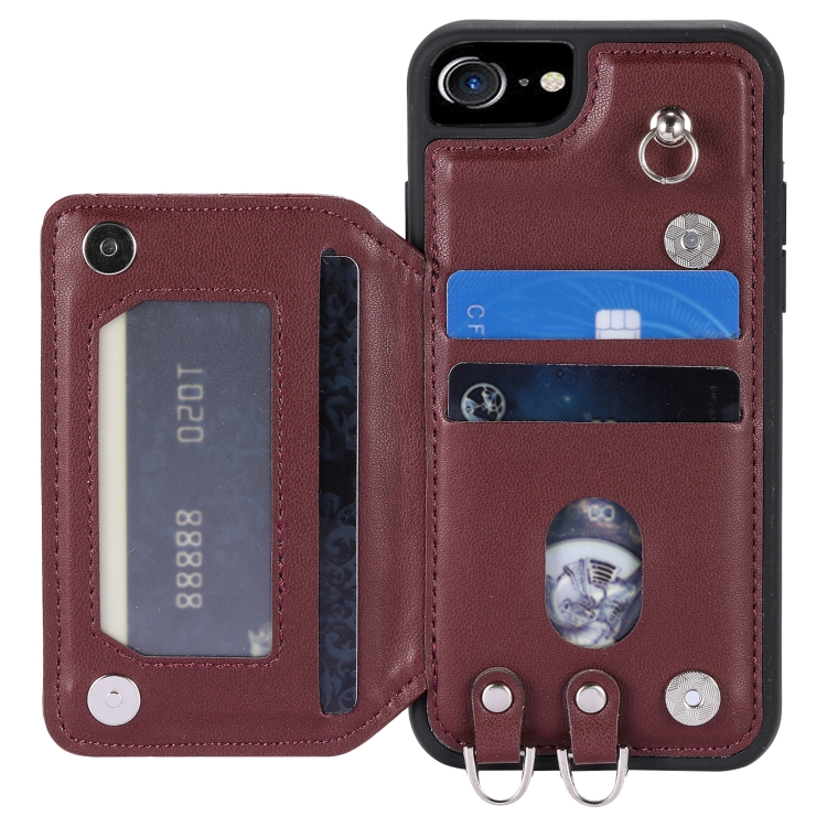For iPhone SE 2022 / 2020 / 8 / 7 Grid Texture Card Bag Phone Case with Lanyard(Red) For iPhone SE 2022 / 2020 / 8 / 7 Grid Texture Card Bag Phone Case with Lanyard(Red)
