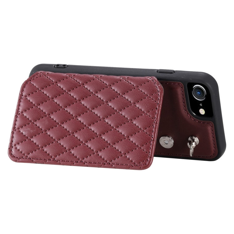 For iPhone SE 2022 / 2020 / 8 / 7 Grid Texture Card Bag Phone Case with Lanyard(Red) For iPhone SE 2022 / 2020 / 8 / 7 Grid Texture Card Bag Phone Case with Lanyard(Red)