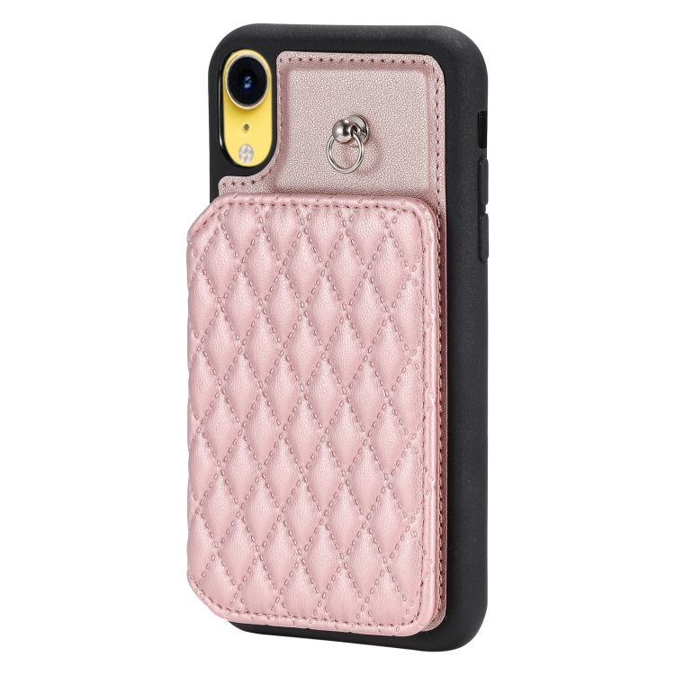 For iPhone XR Grid Texture Card Bag Phone Case with Lanyard Rose Gold