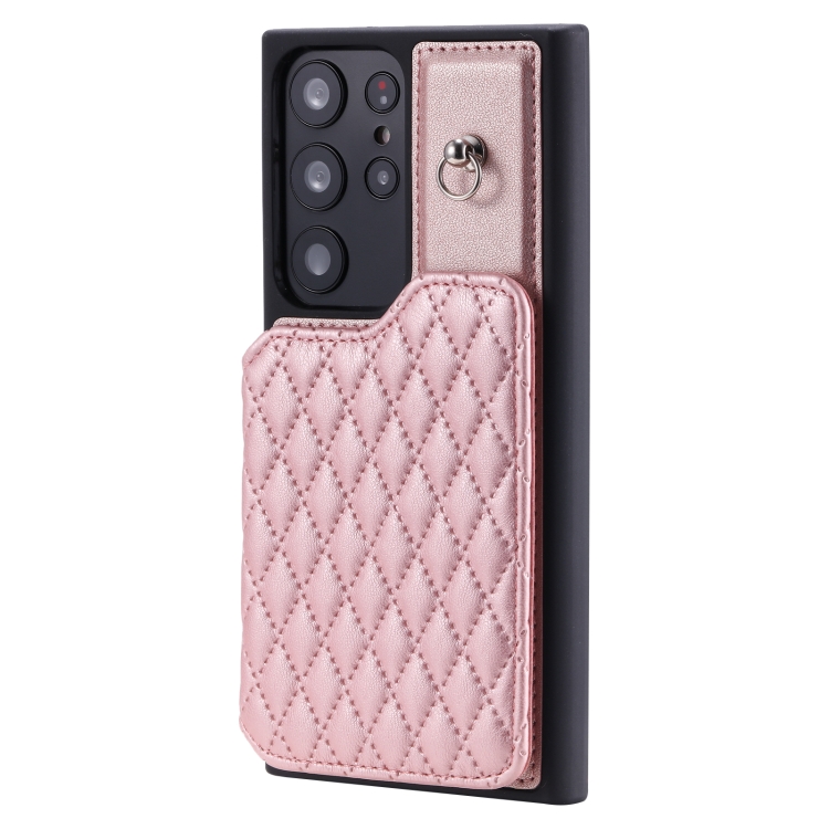 For Samsung Galaxy S23 Ultra 5G Grid Texture Card Bag Phone Case with Lanyard(Rose Gold) For Samsung Galaxy S23 Ultra 5G Grid Texture Card Bag Phone Case with Lanyard(Rose Gold)