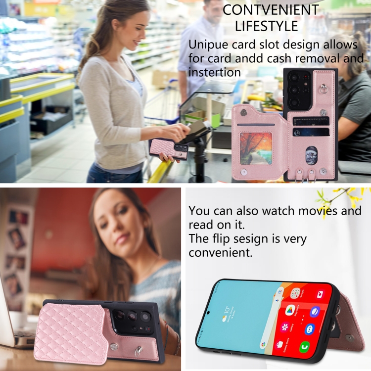 For Samsung Galaxy S23 Ultra 5G Grid Texture Card Bag Phone Case with Lanyard(Rose Gold) For Samsung Galaxy S23 Ultra 5G Grid Texture Card Bag Phone Case with Lanyard(Rose Gold)