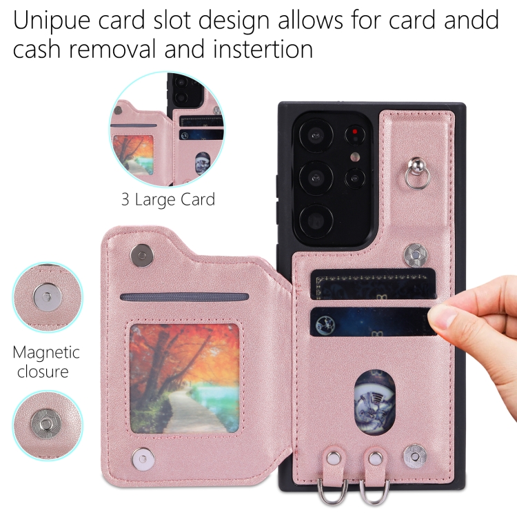 For Samsung Galaxy S23 Ultra 5G Grid Texture Card Bag Phone Case with Lanyard(Rose Gold) For Samsung Galaxy S23 Ultra 5G Grid Texture Card Bag Phone Case with Lanyard(Rose Gold)