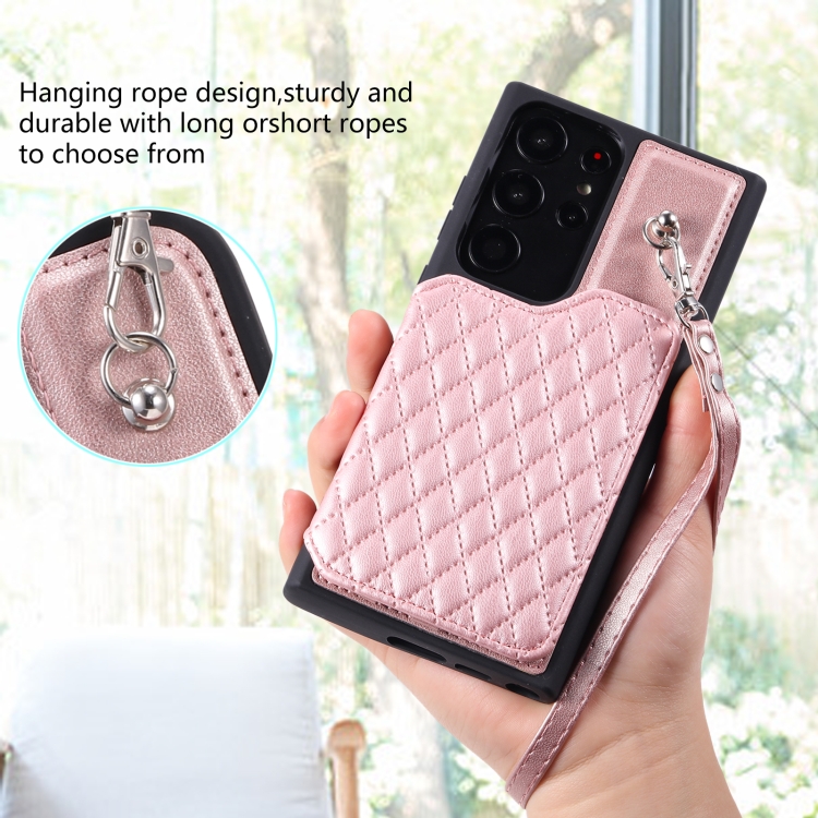 For Samsung Galaxy S23 Ultra 5G Grid Texture Card Bag Phone Case with Lanyard(Rose Gold) For Samsung Galaxy S23 Ultra 5G Grid Texture Card Bag Phone Case with Lanyard(Rose Gold)
