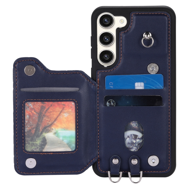 For Samsung Galaxy S23+ 5G Grid Texture Card Bag Phone Case with Lanyard(Blue) For Samsung Galaxy S23+ 5G Grid Texture Card Bag Phone Case with Lanyard(Blue)