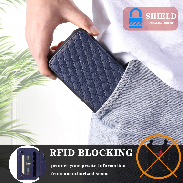 For Samsung Galaxy S23+ 5G Grid Texture Card Bag Phone Case with Lanyard(Blue) For Samsung Galaxy S23+ 5G Grid Texture Card Bag Phone Case with Lanyard(Blue)