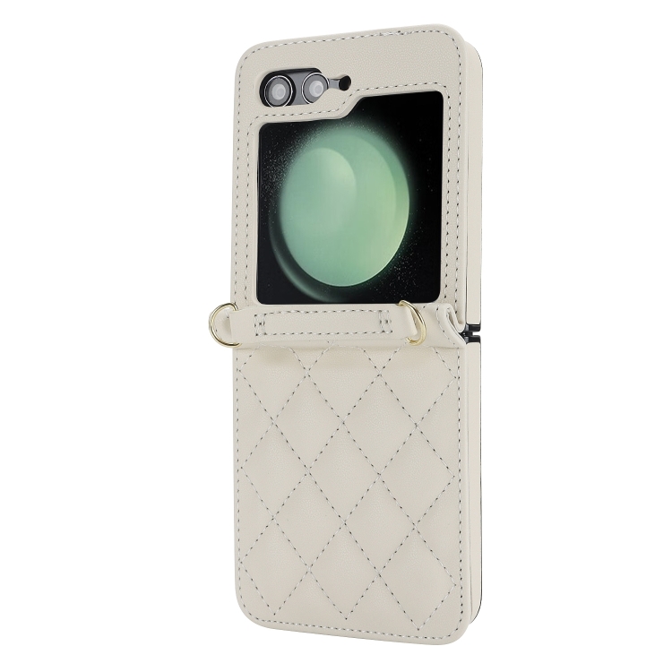 For Samsung Galaxy Z Flip6 Rhombic Texture Phone Case with Long & Short Lanyard(White) For Samsung Galaxy Z Flip6 Rhombic Texture Phone Case with Long & Short Lanyard(White)