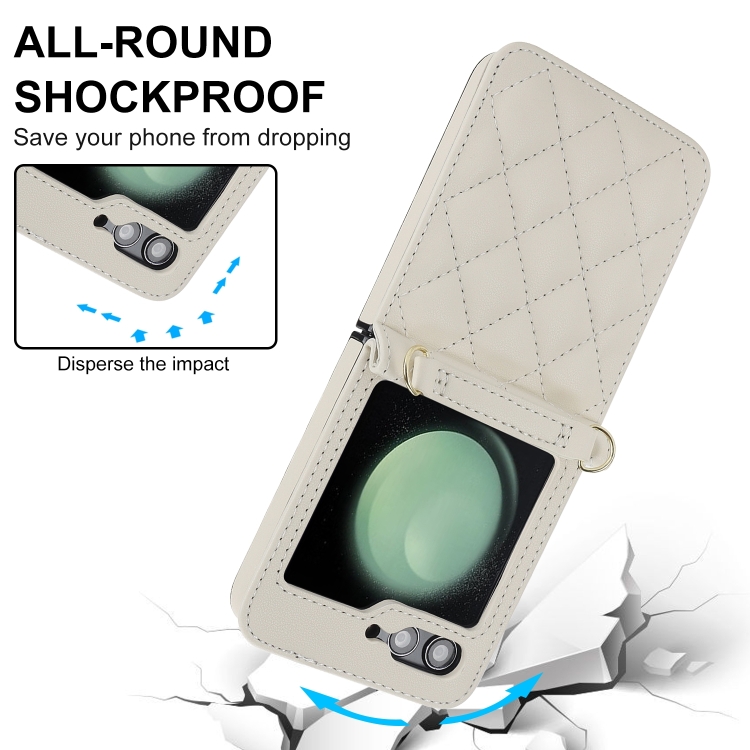 For Samsung Galaxy Z Flip6 Rhombic Texture Phone Case with Long & Short Lanyard(White) For Samsung Galaxy Z Flip6 Rhombic Texture Phone Case with Long & Short Lanyard(White)