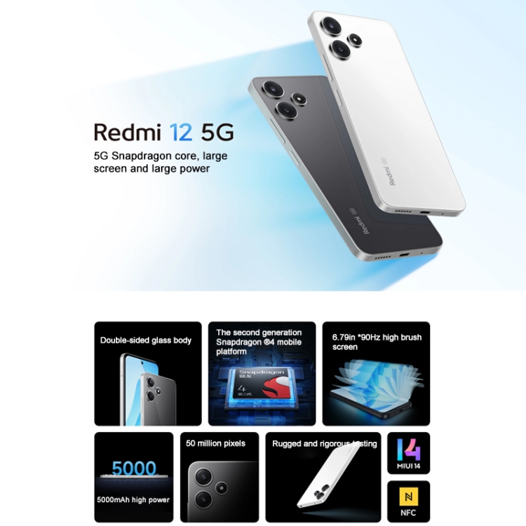 Móvil  Xiaomi Redmi 12 5G, Azul, 256 GB, 8 GB RAM, 6.79  Full HD+,  Snapdragon 4 Gen 2, 5000 mAh, Android 13 - MIUI 14