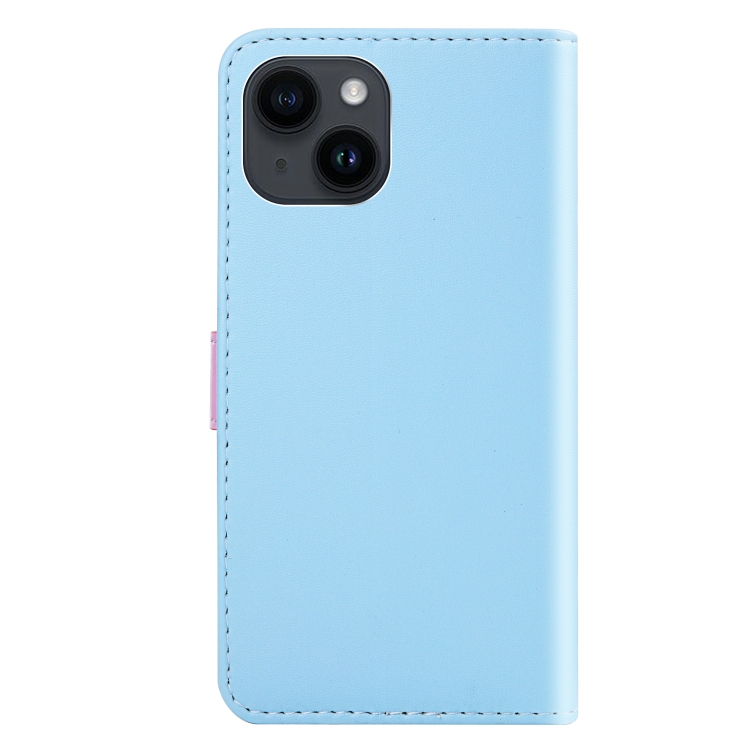 For iPhone 15 Tricolor Stitching Horizontal Flip Leather Phone Case(Blue) For iPhone 15 Tricolor Stitching Horizontal Flip Leather Phone Case(Blue)