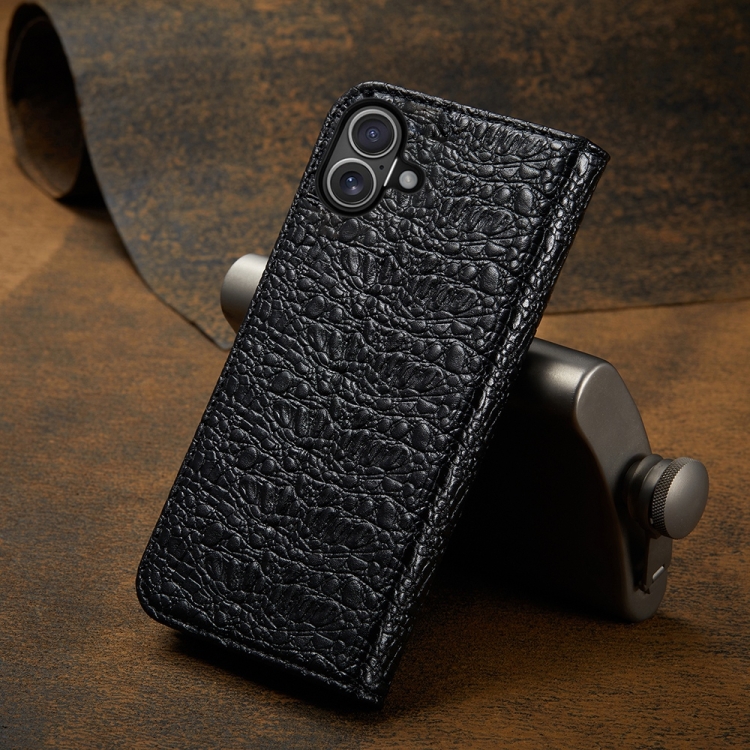 For iPhone 16 Plus Fierre Shann Crocodile Texture Magnetic Genuine Leather Phone Case(Black) For iPhone 16 Plus Fierre Shann Crocodile Texture Magnetic Genuine Leather Phone Case(Black)