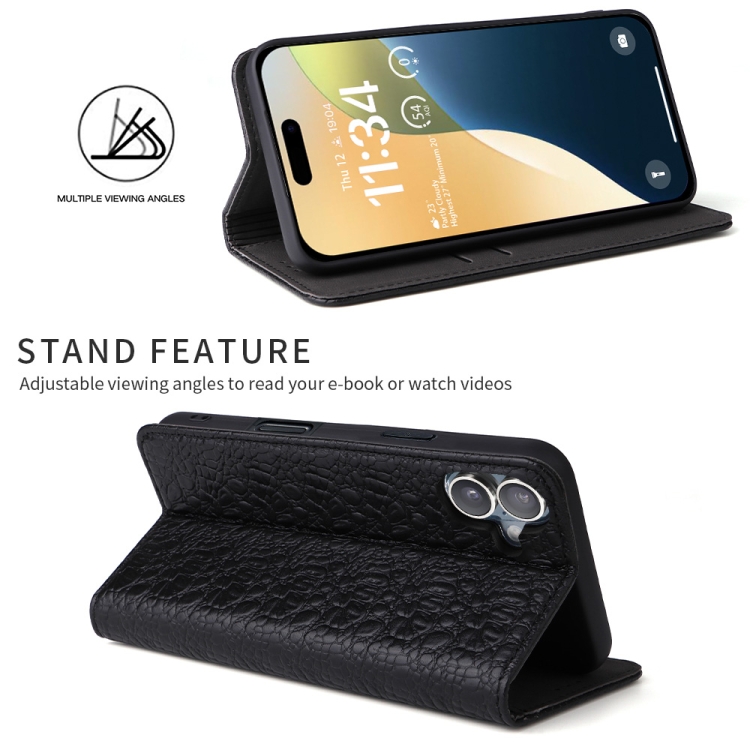 For iPhone 16 Plus Fierre Shann Crocodile Texture Magnetic Genuine Leather Phone Case(Black) For iPhone 16 Plus Fierre Shann Crocodile Texture Magnetic Genuine Leather Phone Case(Black)