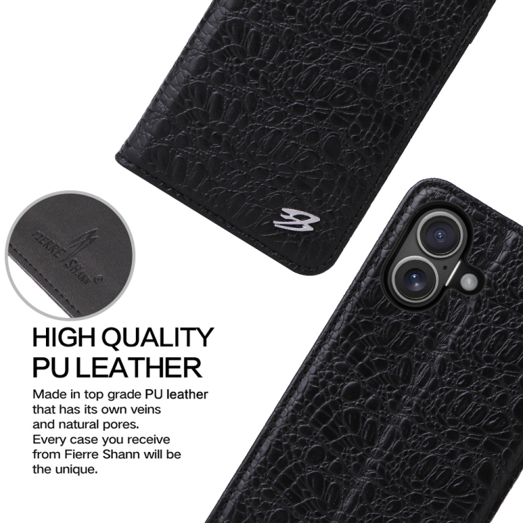 For iPhone 16 Plus Fierre Shann Crocodile Texture Magnetic Genuine Leather Phone Case(Black) For iPhone 16 Plus Fierre Shann Crocodile Texture Magnetic Genuine Leather Phone Case(Black)