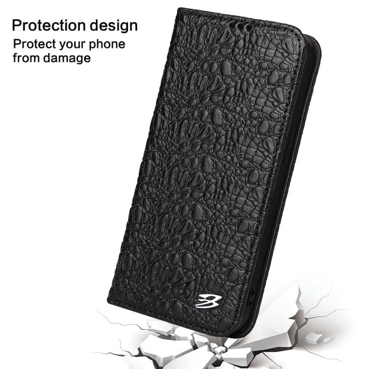 For iPhone 16 Plus Fierre Shann Crocodile Texture Magnetic Genuine Leather Phone Case(Black) For iPhone 16 Plus Fierre Shann Crocodile Texture Magnetic Genuine Leather Phone Case(Black)