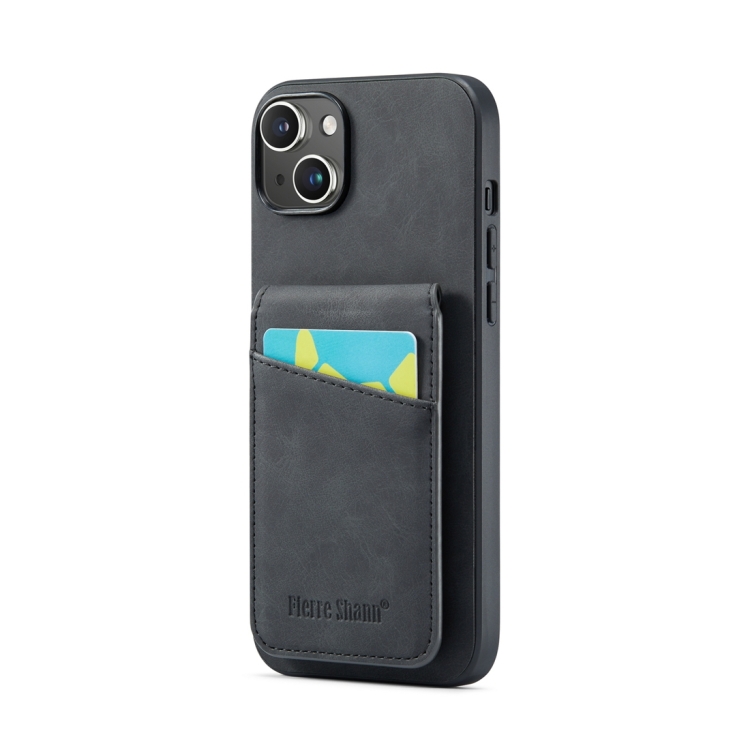 For iPhone 15 Fierre Shann Crazy Horse Card Holder Back Cover PU Phone Case(Black) For iPhone 15 Fierre Shann Crazy Horse Card Holder Back Cover PU Phone Case(Black)