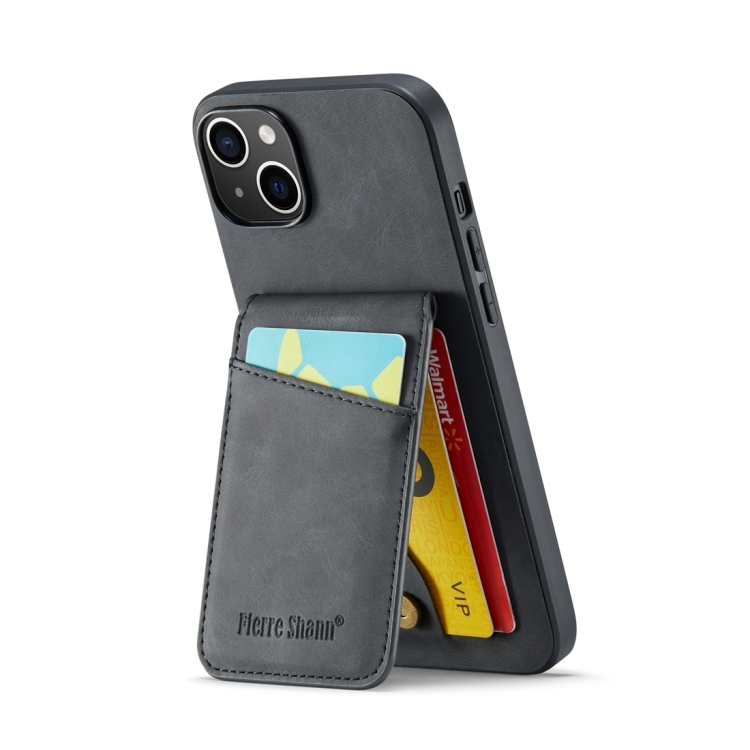 For iPhone 15 Fierre Shann Crazy Horse Card Holder Back Cover PU Phone Case(Black) For iPhone 15 Fierre Shann Crazy Horse Card Holder Back Cover PU Phone Case(Black)