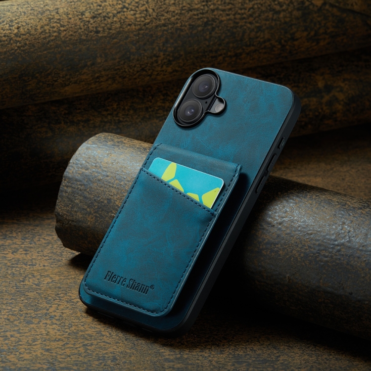 For iPhone 16 Plus Fierre Shann Crazy Horse Card Holder Back Cover PU Phone Case(Blue) For iPhone 16 Plus Fierre Shann Crazy Horse Card Holder Back Cover PU Phone Case(Blue)