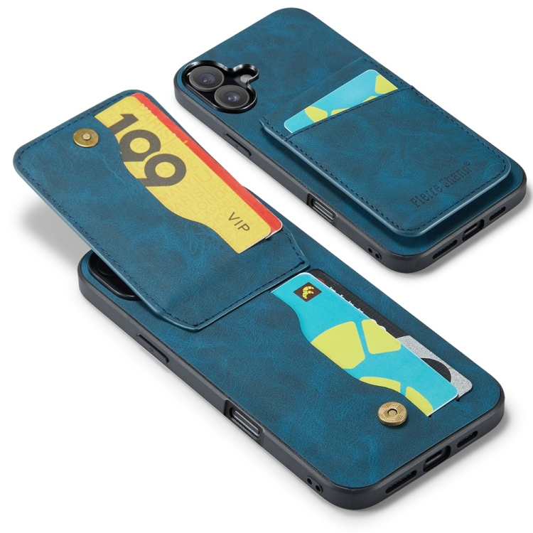 For iPhone 16 Plus Fierre Shann Crazy Horse Card Holder Back Cover PU Phone Case(Blue) For iPhone 16 Plus Fierre Shann Crazy Horse Card Holder Back Cover PU Phone Case(Blue)