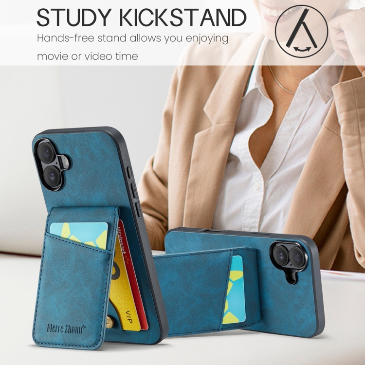 For iPhone 16 Plus Fierre Shann Crazy Horse Card Holder Back Cover PU Phone Case(Blue) For iPhone 16 Plus Fierre Shann Crazy Horse Card Holder Back Cover PU Phone Case(Blue)